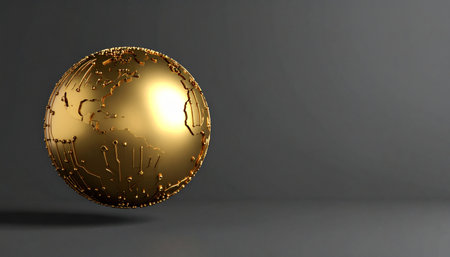 A gleaming golden model of planet Earth floats against a minimalist gray background.の素材