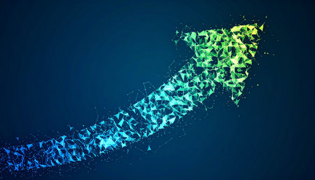 A vibrant digital arrow, composed of glowing data particles, surges upward against a dark background.の素材