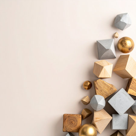 A sophisticated flat lay composition of various geometric shapes in wood, concrete, and gold.の素材