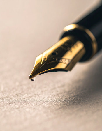 A close-up, macro view captures the exquisite detail of a gold fountain pen nib, poised just above a sheet of textured paper.の素材
