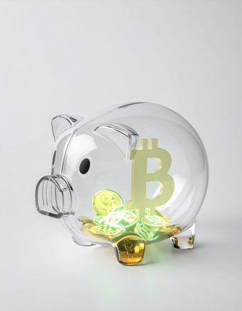 A modern take on a classic savings method. A transparent piggy bank holds glowing bitcoins, symbolizing the future of digital investment and the growth of cryptocurrency assets.の素材