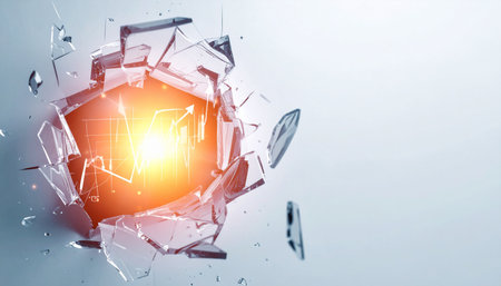 A powerful sphere of glowing orange energy bursts through a solid glass barrier, sending sharp fragments flying.の素材