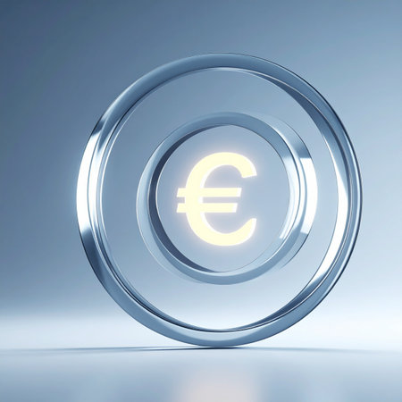 A luminous Euro symbol glows from within a transparent crystal coin, representing the dawn of a new digital financial era.の素材