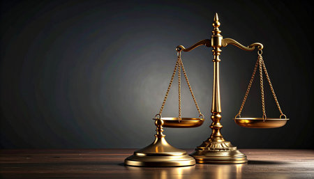 In a dimly lit room, a single light source illuminates the golden scales of justice, casting long shadows on a wooden desk.の素材