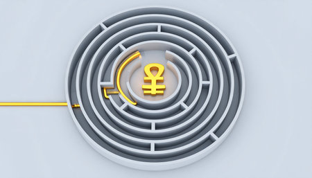 A bright yellow line charts a clear path through a complex circular maze, leading directly to a radiant golden Ankh at its center.の素材