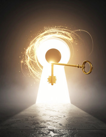 A single golden key turns in a luminous keyhole, unleashing a torrent of magical light.の素材