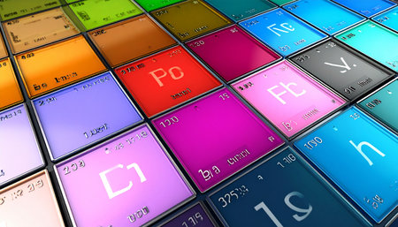 A dynamic, 3D rendering of the periodic table of elements, presented as a vibrant grid of colorful, glowing tiles.の素材