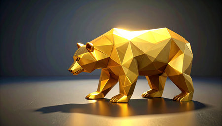 A striking golden bear, crafted in a modern low-poly style, stands as a powerful symbol of financial markets and investment strategy.の素材