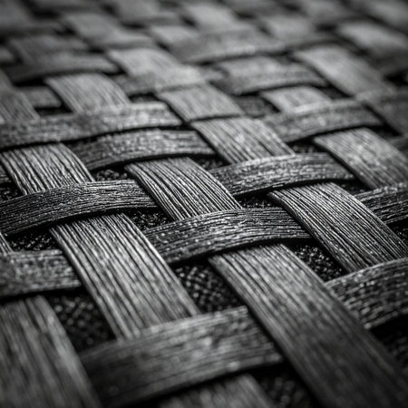 A detailed macro photograph captures the complex, interlocking pattern of a woven surface.の素材