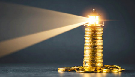 A lighthouse constructed from a stack of gleaming gold coins shines a powerful beam of light through the darkness.の素材