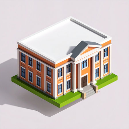 A digital 3D representation of a classic institutional building, viewed from an isometric perspective.の素材