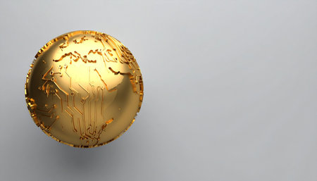 A meticulously crafted golden globe rests on a clean, minimalist surface, its continents rendered in rich, textured detail.の素材