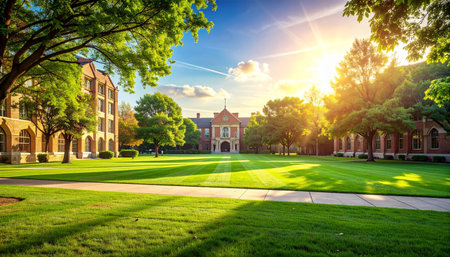 The early morning sun casts a golden glow across the manicured lawns of a historic university campus.の素材