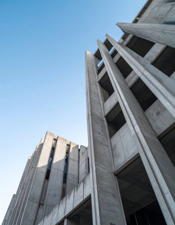 From a low angle perspective, a monumental brutalist structure of raw concrete reaches towards the endless blue sky.の素材
