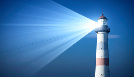 A powerful lighthouse stands tall against a deep blue sky, casting a brilliant beam of light across the expanse.の素材