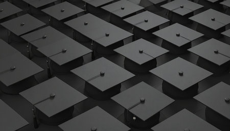 A vast, orderly pattern of graduation caps viewed from above.の素材