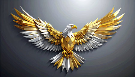 A stunning depiction of a majestic eagle, crafted with sharp, geometric facets of polished gold and gleaming silver.の素材
