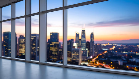 From a high-rise office, the city unfolds at twilight, a landscape of opportunity and ambition.の素材