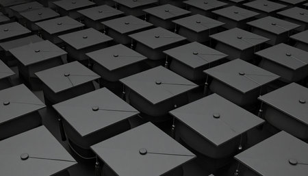 An endless sea of graduation caps sits in ordered rows, a powerful symbol of collective achievement and academic success.の素材