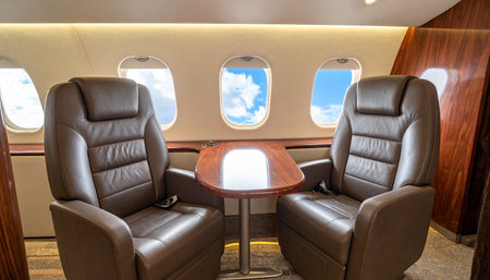 The quiet hum of the engines provides a serene backdrop inside this exclusive private jet cabin.の素材
