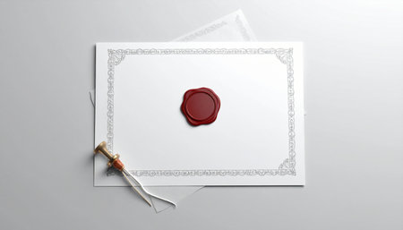 A pristine, blank certificate with an elegant border and a rich red wax seal rests on a clean surface, symbolizing a momentous achievement.の素材
