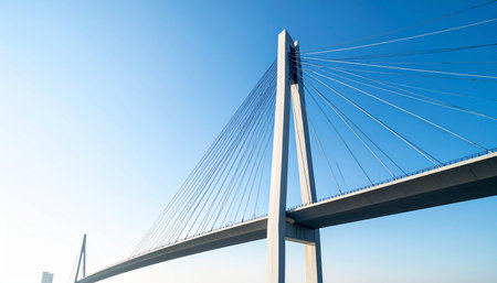 A low-angle view captures the immense scale and elegant design of a modern cable-stayed bridge.の素材