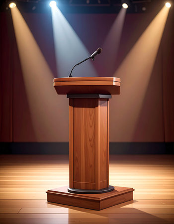 The stage is set and the spotlights are focused on the empty podium, creating a moment of dramatic anticipation.の素材