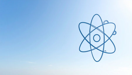 A simple, hand-drawn sketch of an atom floats against a calm blue gradient background.の素材