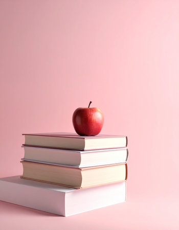 A single, vibrant red apple rests atop a neat stack of books, symbolizing the classic connection between knowledge and health.の素材