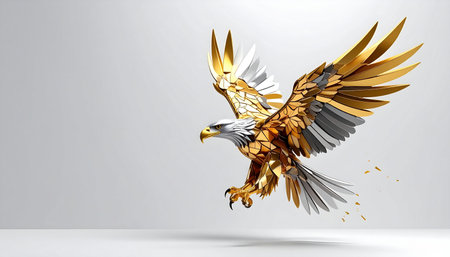 A majestic golden eagle, crafted from digital polygons, descends with powerful grace against a clean, minimalist background.の素材