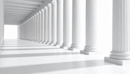 Sunlight streams through a grand, endless colonnade of white pillars, creating a powerful sense of order and perspective.の素材