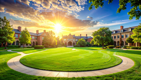 The golden sun rises over a prestigious university, casting long shadows across the perfectly manicured lawn.の素材
