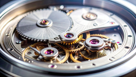 A detailed macro view reveals the complex and beautiful inner world of a high-end mechanical watch.の素材