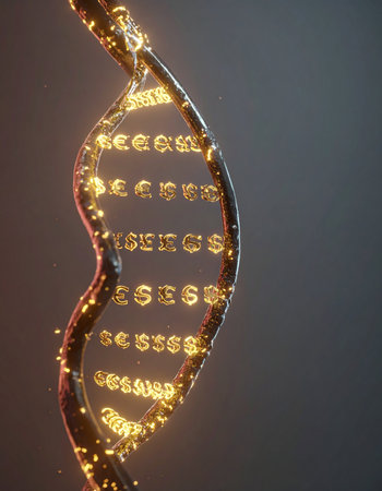A luminous golden DNA double helix twists against a dark background, its internal structure glowing with brilliant light.の素材