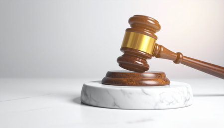 A symbol of authority and finality, a wooden gavel rests upon a solid marble block against a clean background.の素材