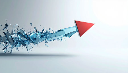 A dynamic 3D render of a glass arrow with a bold red tip, shattering its own form as it surges forward.の素材