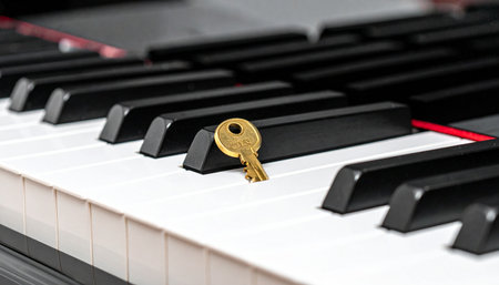 A single golden key rests upon the polished black and white keys of a piano, symbolizing the unlocking of musical talent, creativity, and new ideas.の素材