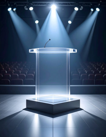 In a hushed and darkened auditorium, brilliant spotlights converge on a single, empty podium.の素材