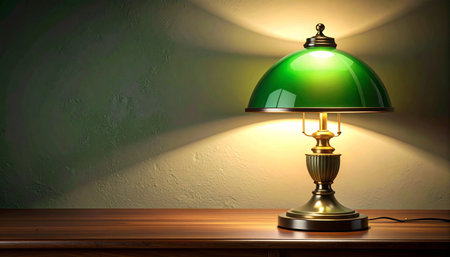 A classic green banker's lamp casts a warm, inviting glow across a wooden desk, creating a quiet and studious atmosphere.の素材