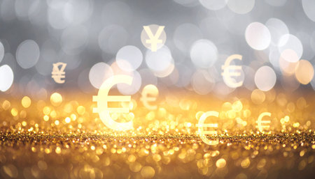 Glowing international currency symbols, including the Euro and Yen, float magically above a shimmering bed of golden glitter.の素材