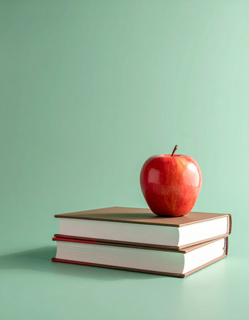 A classic symbol of knowledge and appreciation, a single red apple rests on a stack of books.の素材