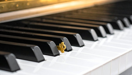 A single, ornate golden key rests upon the pristine white keys of a classic piano, bathed in warm light.の素材