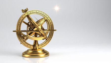 A beautifully crafted golden armillary sphere stands against a clean white background, its rings and arrows poised to map the cosmos.の素材