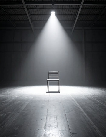 In the vast, silent darkness of an empty stage, a single spotlight cuts through the gloom to illuminate a solitary wooden chair.の素材