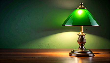 A classic green banker's lamp casts a warm, inviting glow across a polished wooden desk, creating a quiet and studious atmosphere.の素材