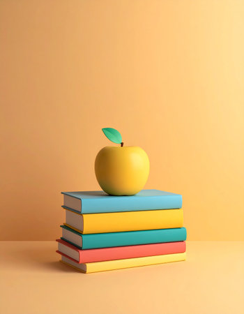 A single yellow apple, a classic symbol of knowledge and a healthy start, rests atop a vibrant stack of books.の素材