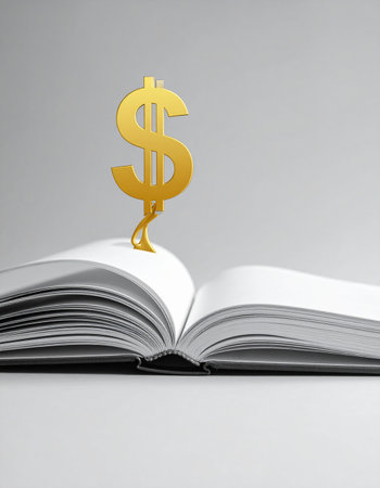 A golden dollar sign with a caduceus symbol emerges from the pages of an open book, symbolizing the significant financial investment required for medical education and the rising costs of healthcare.の素材