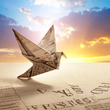 An origami bird, crafted from the day's news, stands poised for flight against a hopeful sunset.の素材