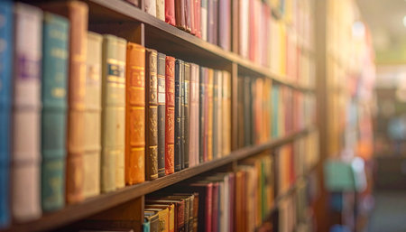 Rows of classic, leather-bound books line a wooden shelf, their spines glowing in the warm, golden light of a late afternoon.の素材
