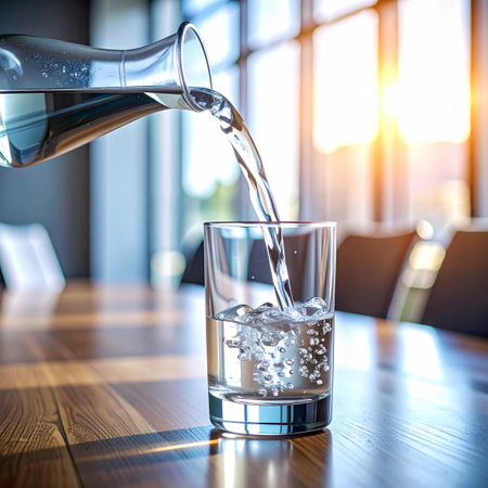 A stream of pure, clear water is poured from a glass carafe into a waiting tumbler, capturing the morning light that floods a modern meeting room.の素材